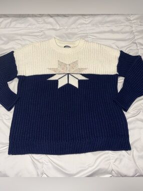 LANDS'END Chunky Knit Cotton Wool Sweater Blue Cream Snowflake Nordic Medium